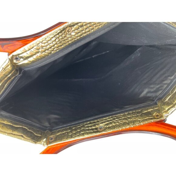 Vintage Gold Embossed Faux Alligator Lucite Handles Purse Folding Tote Bag - Picture 8 of 12